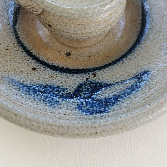 Vintage Rowe Pottery Candlestick Holder, Gray & Blue Salt Glazed Folk Art c.1982 - Picture 4 of 10